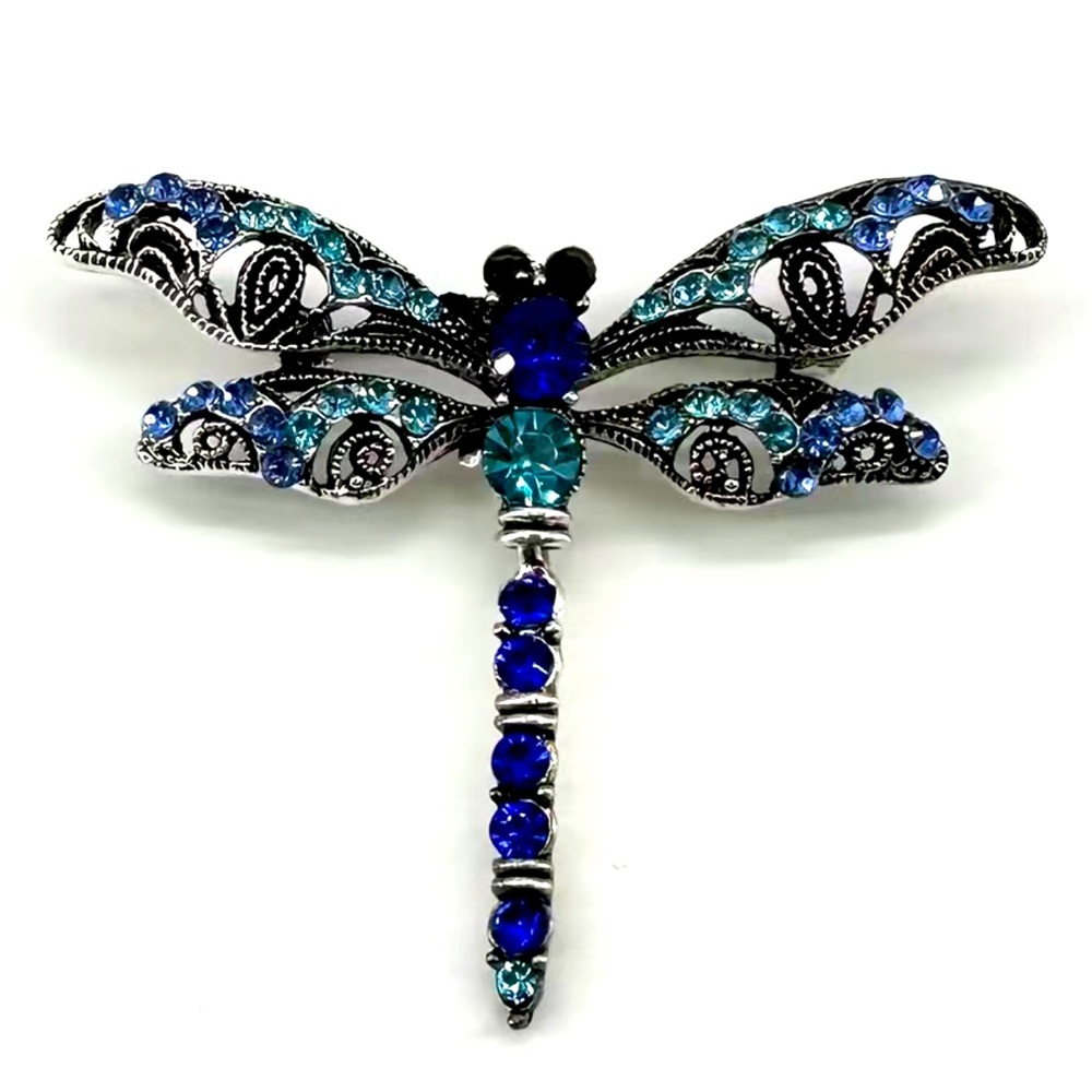 Turquoise / Blue Dragonfly Rhinestone Brooch - Picture 2 of 8